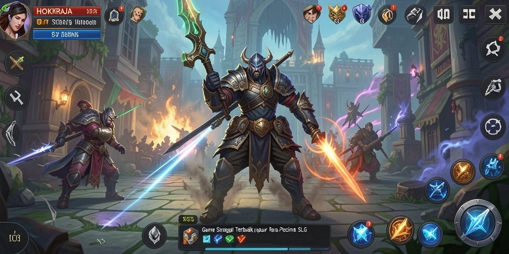 Gameplay HOKIRAJA menampilkan aksi strategi dan pertempuran seru.