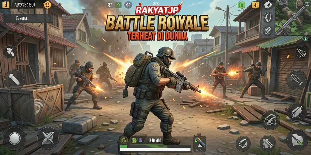 Tampilan gameplay seru di RAKYATJP saat pertempuran Battle Royale.