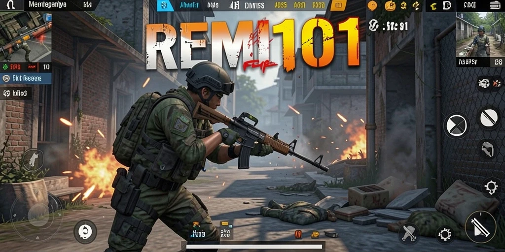 Tampilan gameplay mendebarkan dari <strong>REMI101</strong> dengan aksi tembak-menembak intens.